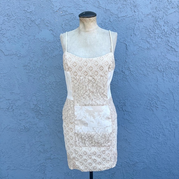 90s Cream Lace Dress Romantic Patchwork bodycon size Large - Picture 1 of 8